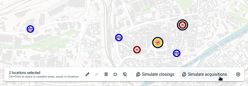 Screenshot of selecting multiple locations and then using the new option “Simulate acquisitions”