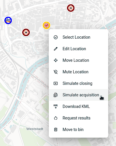 Screenshot of the location context menu with the new entry “Simulate acquisition”